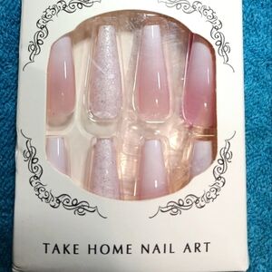 Long pink silver glitter coffin shape press on nails 24 piece kit new